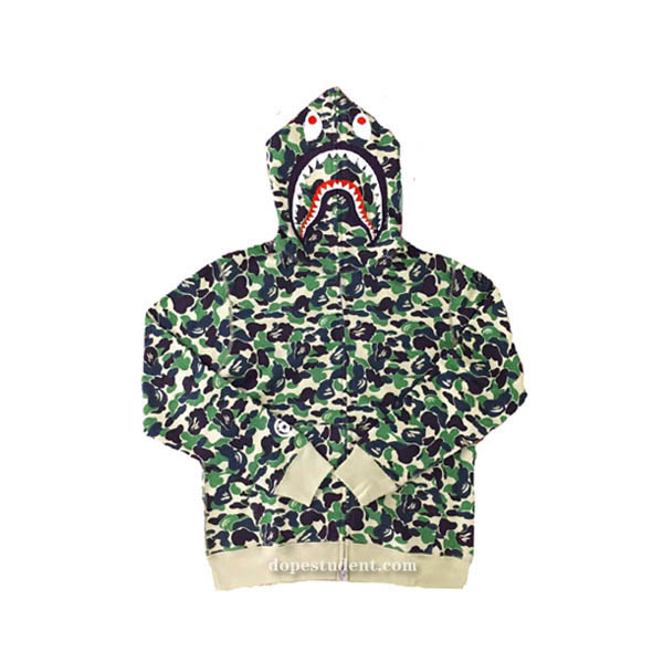 Green ABC Camo Full Zip Bape Shark Hoodie | Dopestudent