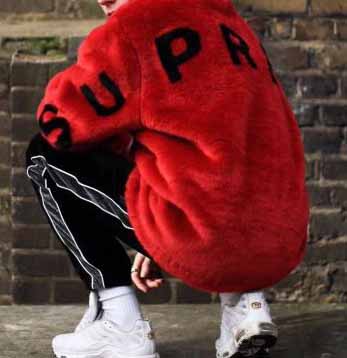 supreme faux fur bomber jacket red